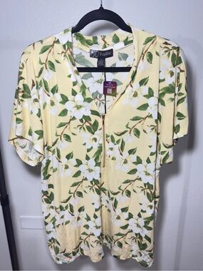 80 PARK Floral Half-Zip Short Sleeve Top Yellow Magnolia - Size 1X
